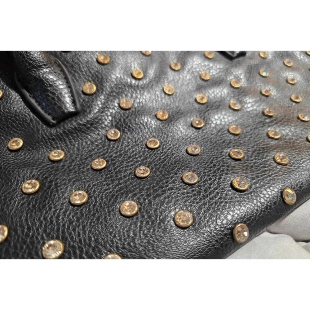 Black Pebbled Faux Leather Rhinestone Studded Dome Satchel Handbag Gold Hardware